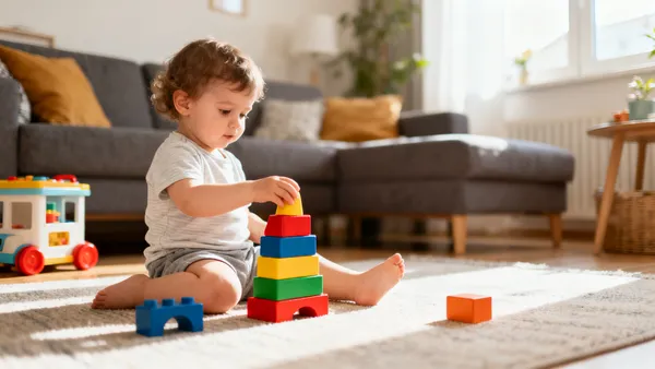 Dvouleté dítě se hraje s barevnými kostkami na podlaze