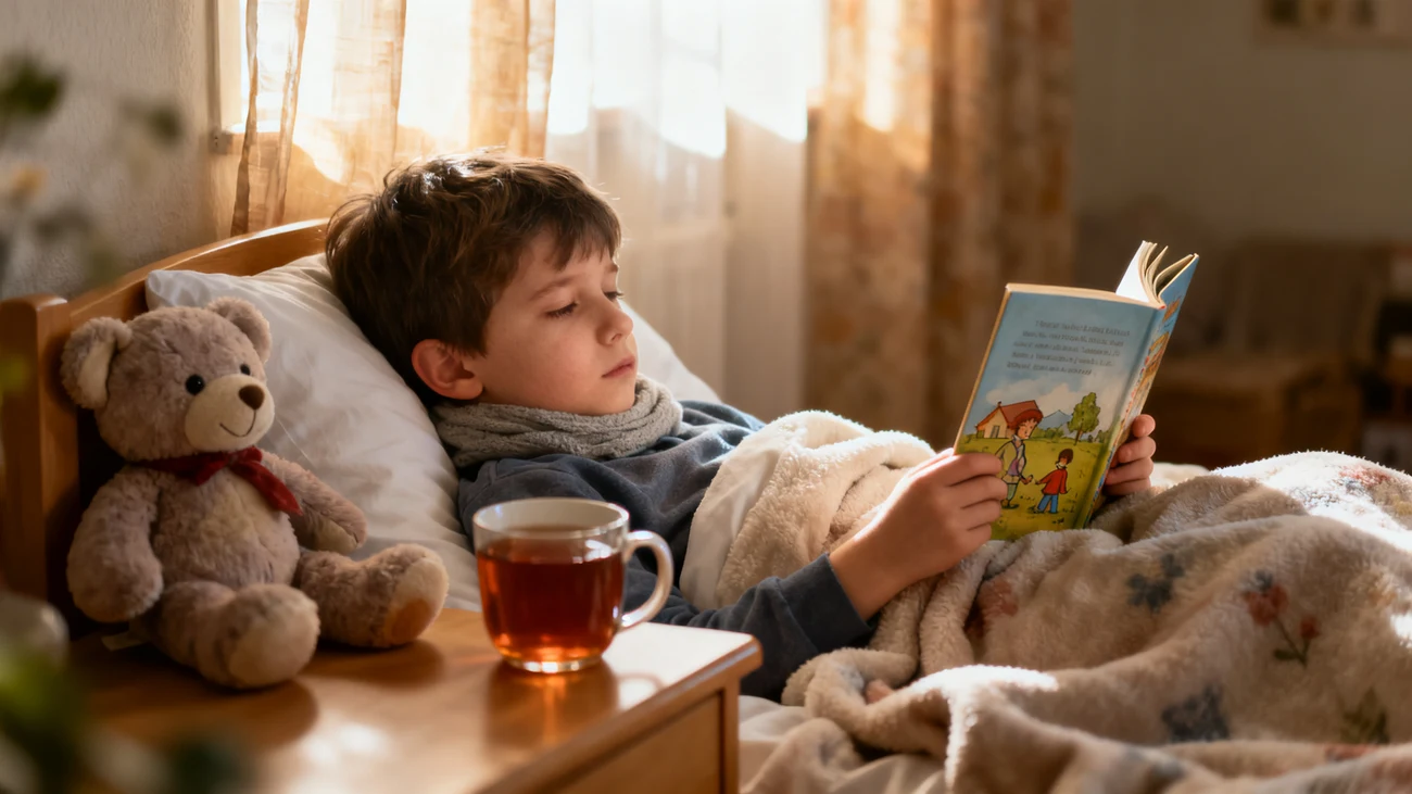 Nemocné dítě odpočívá v posteli s knížkou a dekou