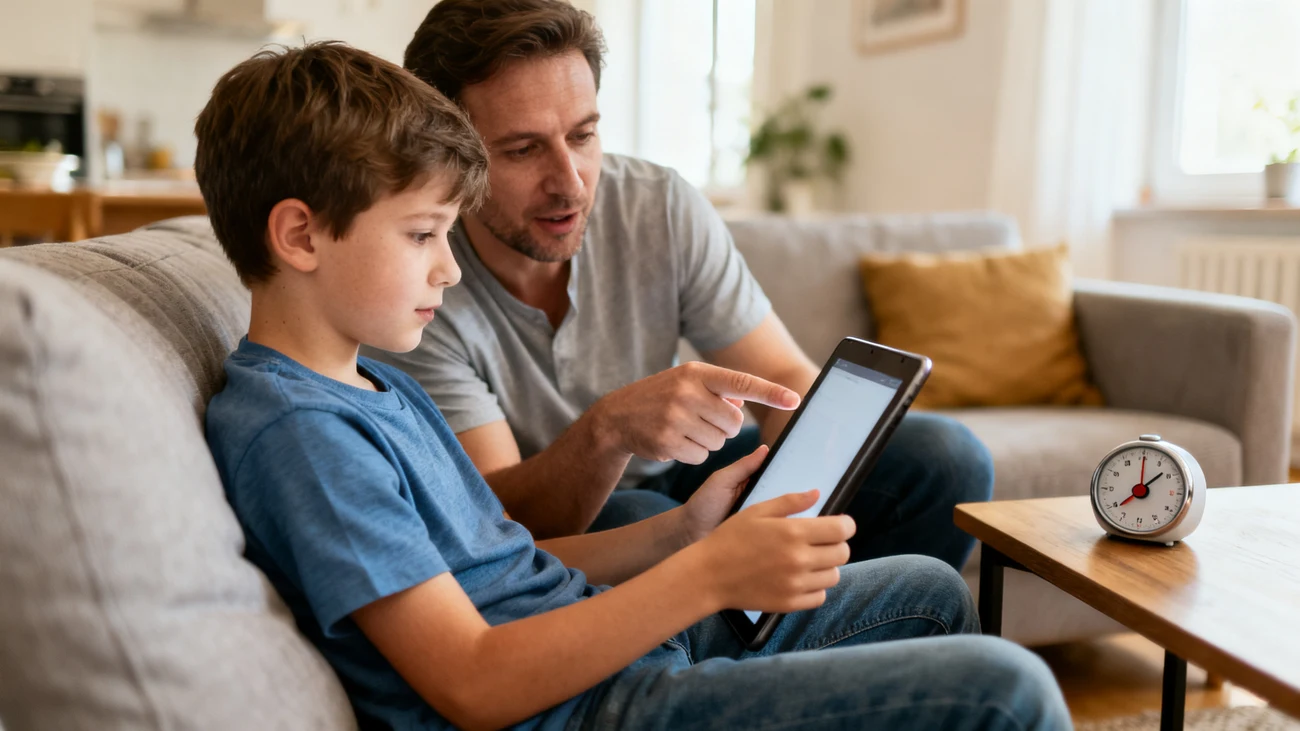 Dítě drží tablet, rodič při něm nastavuje pravidla