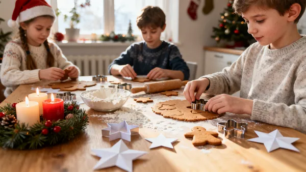 Děti vyrábějí vánoční ozdoby a pekou medovníky doma